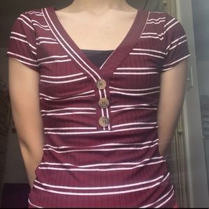 Red and white stripped shirt with v cut and brown buttons